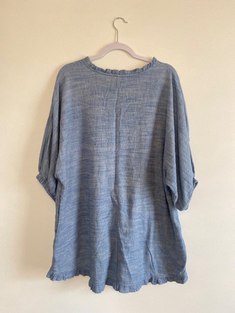 Umgee Blue Tunic Dress Size M Cotton Linen Blend Ruffled Hem 3/4 Sleeves Pockets - Picture 7 of 7